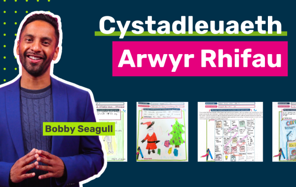 Image of Bobby Seagull with text saying "Cystadleuaeth Arwyr Rhifau"