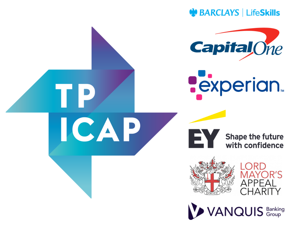 Logos for TP ICAP, Barclays LifeSkills, Capital One, Experian, EY, the Lord Mayor's Appeal Charity, and Vanquis Banking Group