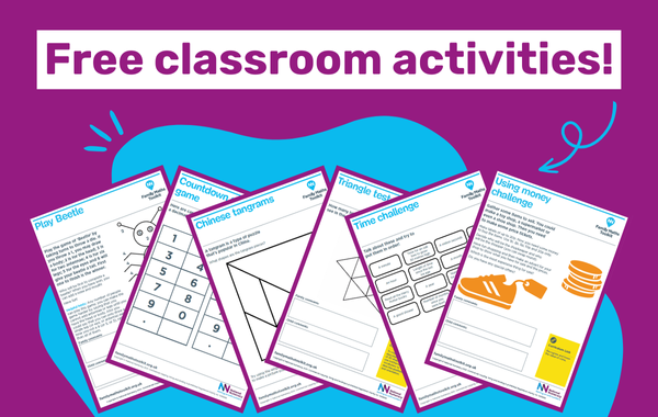 Thumbnails of activities with text saying "Free classroom activities!"