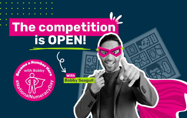 Photo of Bobby Seagull with superhero graphics, with text saying "The competition is OPEN!"